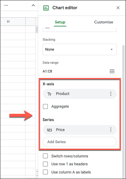 The axes used for the Google Sheets chart are listed in "X-axis" and "Series" inner column "Establish" tab of "Chart Editor" dashboard.