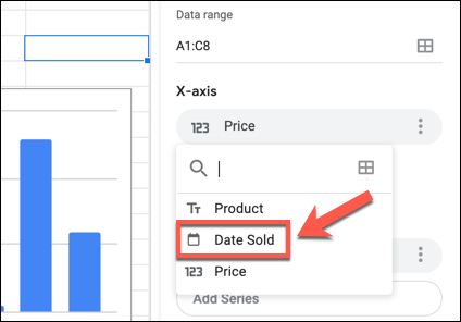 Click the X or Y axis label in the Google Sheets Chart Editor console, then choose an alternate column from the drop-down menu.
