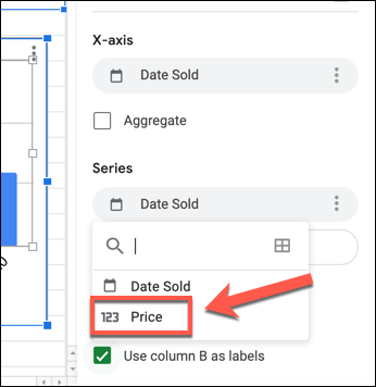 To change the Y-axis on a Google Sheets chart, select the first column listed below "Series" catalog in "Establish" of the Graph Editor panel and select an alternate column.