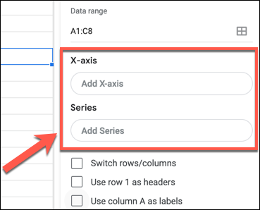 Click "Add X-axis" or "Add string" to add an X or Y axis to a Google Sheets chart or graph in the Graph Editor dashboard.