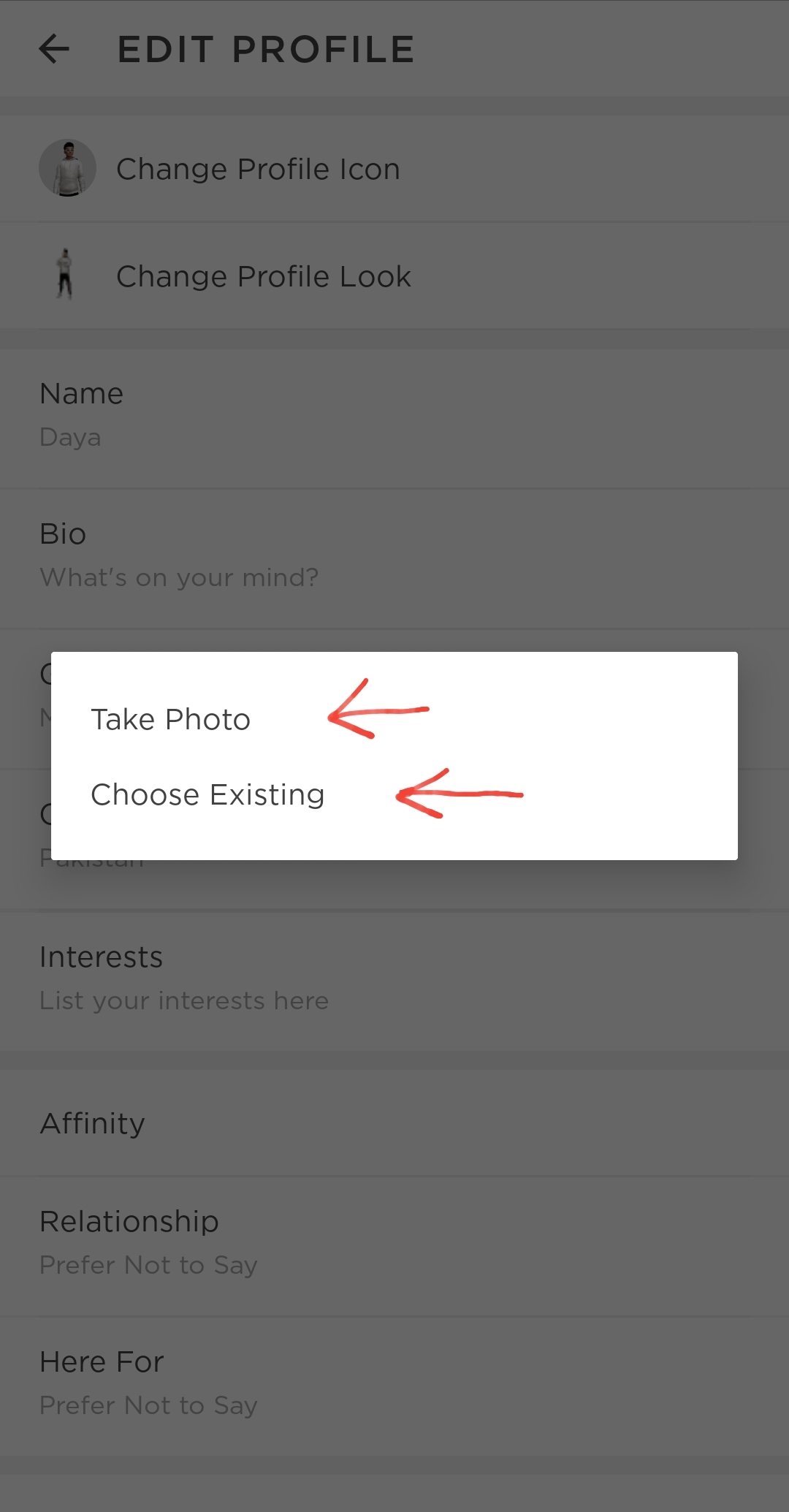 Take a picture 'or' Select Existing