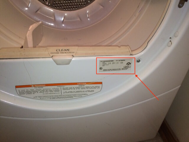 GE Model DCVH515EF0WW Dryer Model Label Location