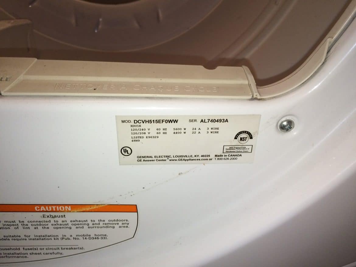 GE Model DCVH515EF0WW Dryer Model Label