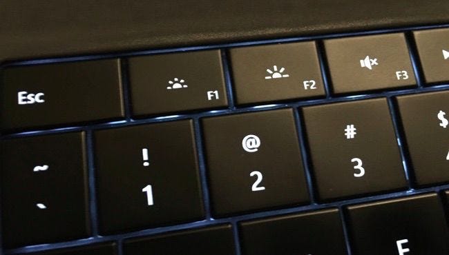 The brightness keys are in the top row on the Microsoft Surface keyboard.