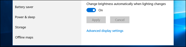 The "Automatically change brightness when light changes" options in Windows 10