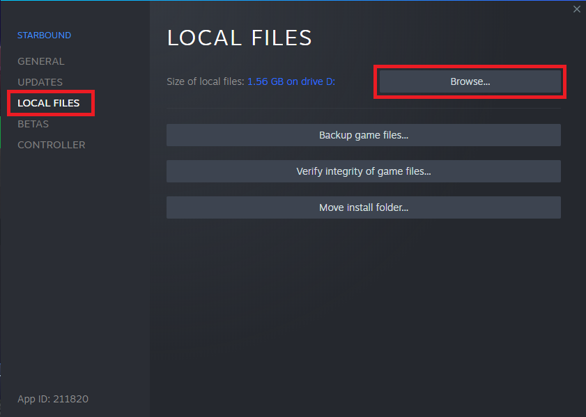 Browse Local Files for Starbound in Steam