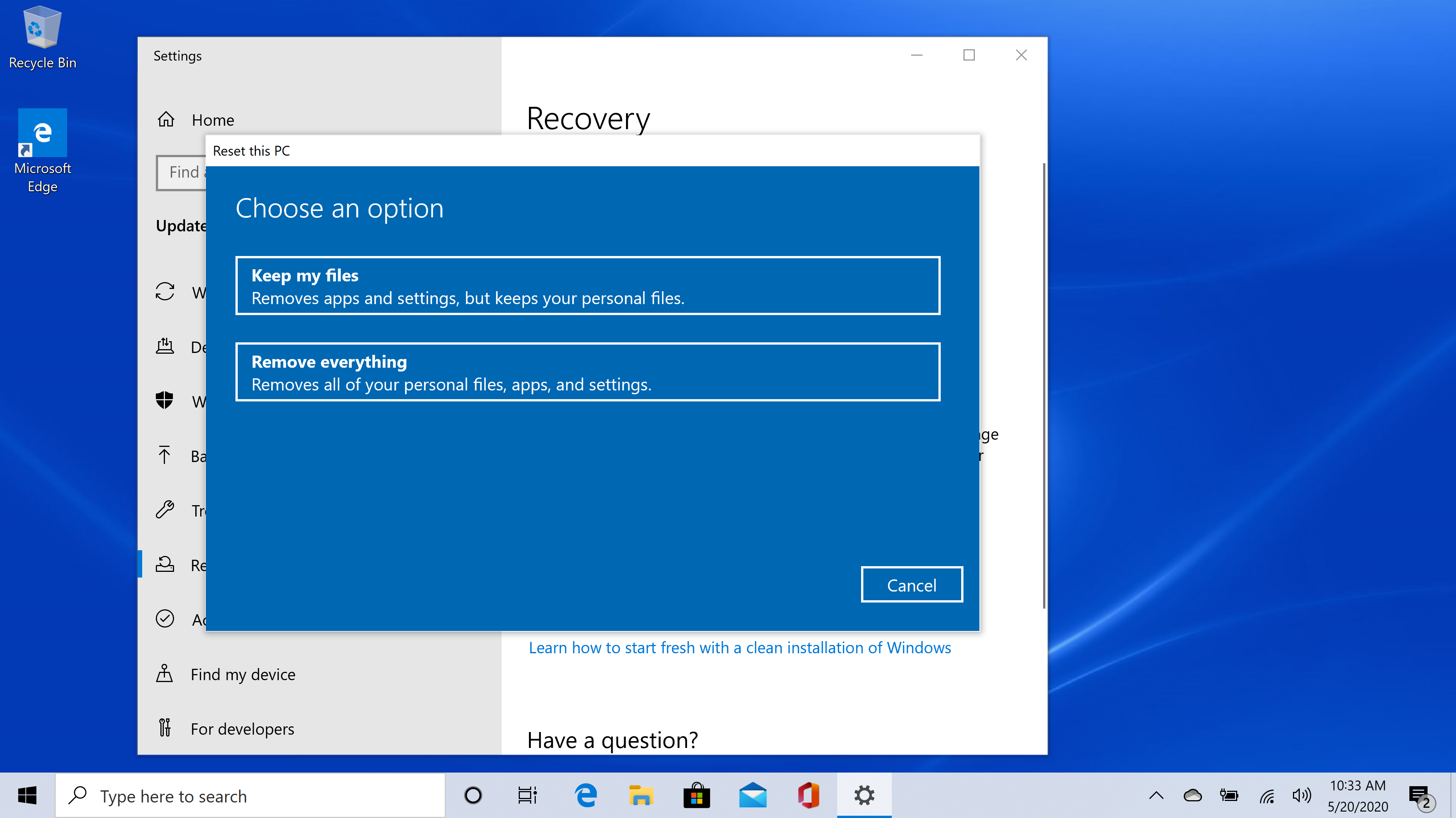 Windows 10 Reset Process