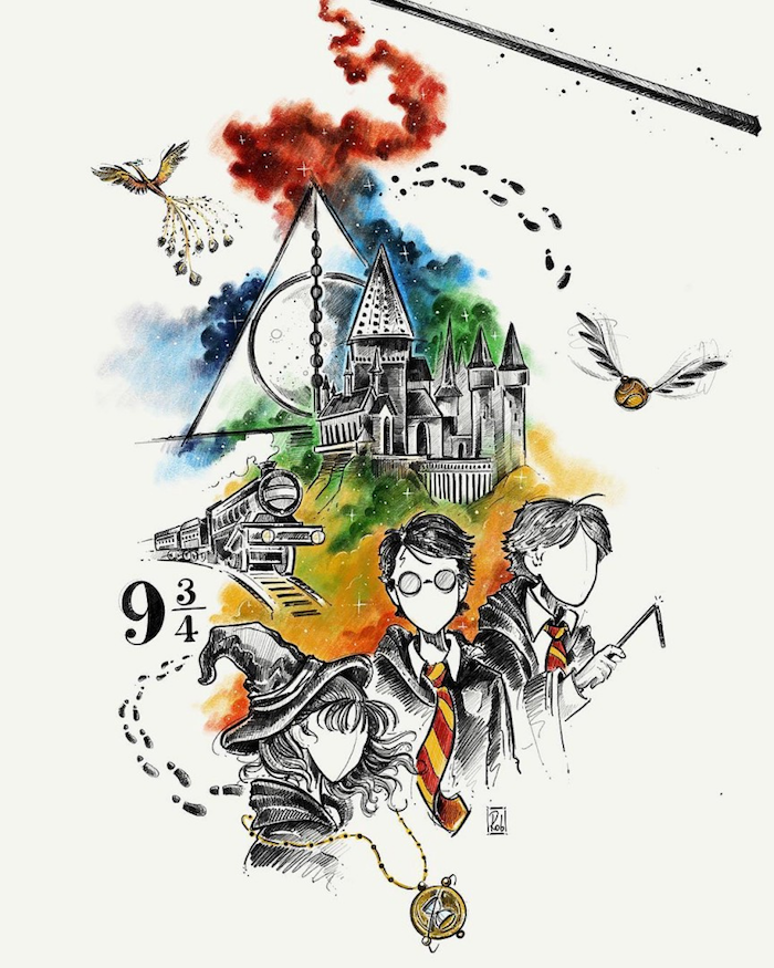 watercolor drawing, harry potter doodles, hogwarts castle, harry potter, hermione granger, ron weasley